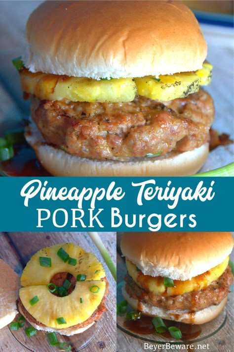 This grilled pineapple pork burger recipe mixes Asian seasonings with ground pork then topped with a slice of grilled pineapple and a teriyaki sauce. Pork Burgers Recipes, Teriyaki Burgers, Teriyaki Pork, Ground Pork Recipes, Pineapple Pork, Pork Dinner, Grilled Pineapple, Burger Recipe, Burgers Sandwiches