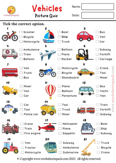 Means Of Transportation Activities, Quizzes For Kids, Free Quizzes, Picture Quiz, Transportation Worksheet, Work Ethics, Esl Grammar, Test For Kids, Animal Quiz