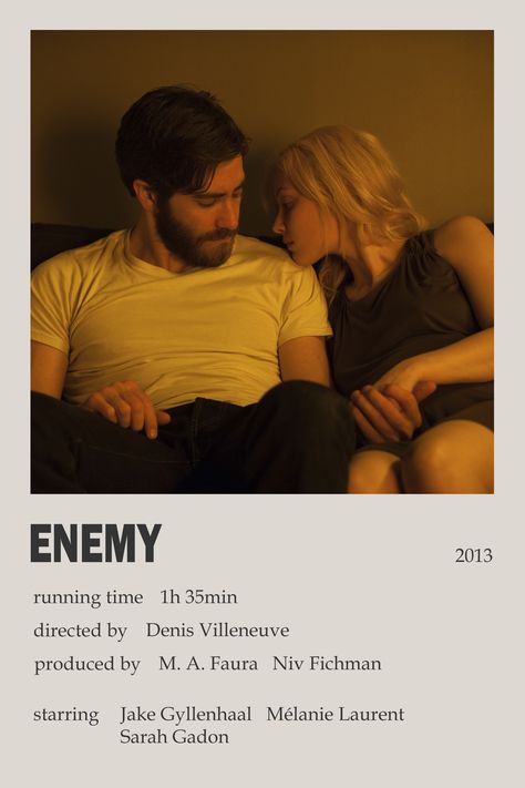 "Enemy" minimalistic polaroid movie poster Jake Gyllenhaal Movies Poster, The Best Movies To Watch, Enemy Movie Poster, Taken Movie, Enemy Movie, Jake Gyllenhaal Movies, Polaroid Movie Poster, Romance Movie Poster, Romcom Movies