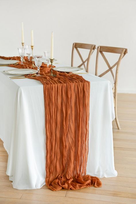 Rustic Gauze Cheesecloth Table Runner 30"w x 10FT - Burnt Orange Fall Wedding Arches, Burnt Orange Weddings, Handmade Bouquets, Boda Mexicana, Vintage Wedding Decorations, Orange Wedding, October Wedding, Cheese Cloth, Wedding Looks