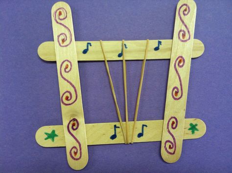 Harp craft. Jumbo Popsicle sticks + wood glue. Assemble ahead and let dry completely. Let children decorate with markers and add rubber band "strings." Be glad in Him! Harp Craft, Placemat Crafts, Crafts With Popsicle Sticks, Painted Wood Crafts, Craft Letters, Grandparents Day Crafts, Potato Print, Wood Crafts Kids, Children's Church Crafts