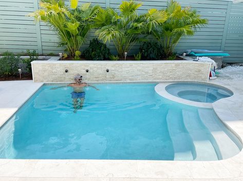 Our Small Backyard Pool: The Cost, Process & More | Young House Love Small Pool In Small Backyard, Small Yard Inground Pool Ideas, Small House Pool Ideas, Small Pool With Jacuzzi, Inground Pool Small Backyard, Front Yard Pool Ideas Curb Appeal, Small Backyard Pool And Hot Tub, Small Pool Ideas Inground, Small Yards With Pools