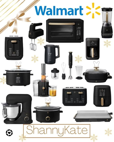 I want all black kitchen stuff ￼ Black Gold Kitchen Appliances, Black Gold Kitchen Decor, Black Kitchen Accents, Black Kitchen Appliances Decor, Beautiful By Drew Barrymore Kitchen, Black And Silver Kitchen Decor, Matte Black Kitchen Appliances, Dual Knives, Matte Black Kitchen Accessories