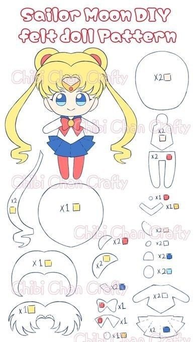 Anime Plushie Pattern, Felt Anime Diy, Anime Felt Doll Pattern, Anime Felt Pattern, Anime Doll Pattern, Felt Plushies Pattern, Simple Plushie Patterns, Sailor Moon Diy, Diy Felt Doll