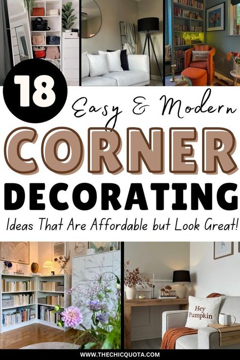 corner decorating ideas Decor For Small Corner Spaces, Decorations For Corner Of Living Room, Corner Space Decorating Ideas, Corner Of Hallway Ideas, Picture Frames In Corner Wall, Corner Wall Decorating Ideas Living Room, How To Fill Corners In Bedroom, Decorating Corner In Bedroom, Family Room Nook Ideas