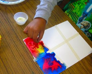 Kindergarten color mixing primary colors lesson plan art project watercolor masking tape salt, After cleaning up, the kids came to the rug for a reading of Mouse Paint to again reinforce mixing primary colors. What a fun day it was!! Colors Lesson Plan, Lines Kindergarten, Science Prek, Color Lesson Plans, Art Kindergarten, Adaptive Art, Mixing Primary Colors, First Grade Art, Kindergarten Art Lessons