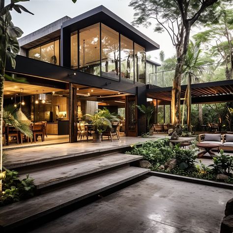 Rainforest Serenity: A Contemporary Symp|Visualization Tropical Industrial House, House In The Rainforest, Forest House Design, Houses In Rainforest, Futuristic Rainforest, Rainforest House, Rainforest Home, Rainforest Mansion, Tropical Villa