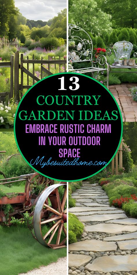 Transform your outdoor space with these 13 rustic garden ideas that embrace country charm. Discover how to create a serene and inviting garden with timeless elements like weathered wood, vintage accents, and natural beauty. #CountryGarden #RusticCharm #OutdoorLiving #GardenDesign #BackyardInspiration #GardenDecor #RusticGarden #CountryLiving #GardenIdeas #OutdoorDecor Farm Curb Appeal Landscaping, Country Garden Design Ideas, Landscaping Around Windmill, Country Garden Ideas Landscaping, Country Style Garden Ideas, Rustic Garden Design Ideas, Rural Backyard Landscaping, Country Farmhouse Landscaping Ideas, Rustic Gardens Ideas