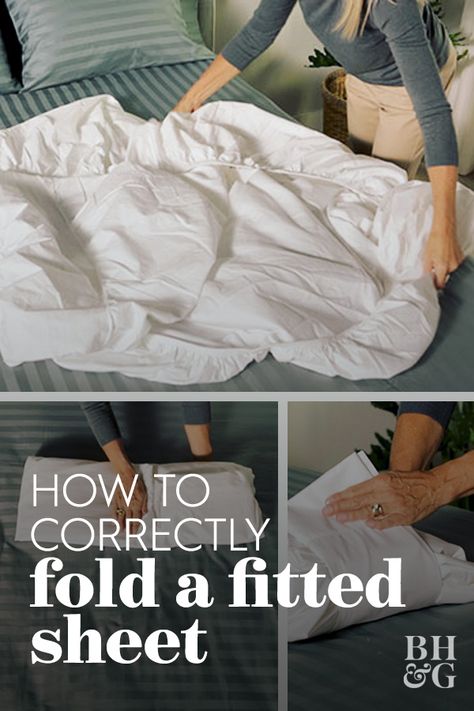 Thanks to this helpful tutorial, we don't have to struggle anymore! We'll walk you through the steps to fold a fitted sheet, plus show you how to store all your linens in a neat and tidy folded package. #howtofoldafittedsheet #howtofold #foldinghacks #bedroomcleaning #bestwaytofoldafittedsheet #bhg Store Fitted Sheets, How Do You Fold A Fitted Sheet, How To Fold A Fitted Sheet Step By Step, How To Fold A Fitted Sheet, Sheets Folding, Folding Linen, Fold Sheets, Folding A Fitted Sheet, House Cleaning Hacks