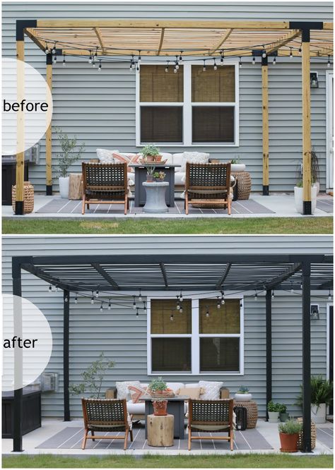 We Stained Our Pergola- Here's How We Did It Stump Table Outdoor, Black Pergola, Weathered Furniture, Building A Pergola, Modern Pergola, Beautiful Patios, Patio Makeover, Diy Pergola, Concrete Slab