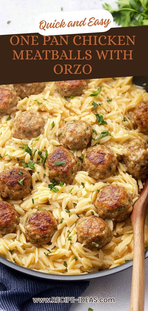 This One Pan Chicken Meatballs with Orzo recipe is perfect for a quick and satisfying meal. Cook tender chicken meatballs with delicious orzo pasta all in one pan, allowing flavors to blend beautifully. Ideal for busy weeknights, this dish combines healthy ingredients while providing a comforting taste that everyone will love. Whether you're cooking for family or hosting friends, these chicken meatballs over orzo make a fantastic choice. Enjoy Customizable version to suit your preferences, like vegetables or your favorite sauces! Chicken Meatballs With Orzo, Orzo Dishes, Orzo Recipes, Seasoned Chicken, One Pan Chicken, Small Pasta, Meatballs Recipe, Orzo Pasta, Tasty Recipe