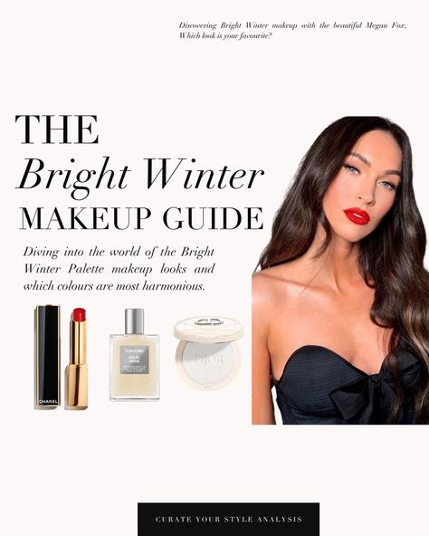 The Bright Winter makeup guide 🖤 . #coloranalysis #colouranalysis #brightwinter #meganfox #brightwintercolors #brightwinterinspiration #coloranalyst Bright Winter Neutral Outfits, Bright Winter Makeup Palette, Bright Winter Lipstick Colors, Bright Winter Makeup Looks, Bright Winter Makeup, Bright Winter Color Palette, Bright Winter Outfits, Winter Skin Tone, Winter Bright