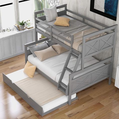 Merax Trundle Bunk Bed, Twin Over Full Wood Bunk Bed with Twin Size Trundle, Solid Wood Bunk Bed Frame with Guardrail and Ladder, Grey Bunk Bed Twin Over Full, Bunk Bed Frame, Wood Bunk Bed, Bed With Ladder, Solid Wood Bunk Beds, Twin Over Full Bunk Bed, Full Bunk Bed, Wooden Bunk Beds, Wood Bunk Beds