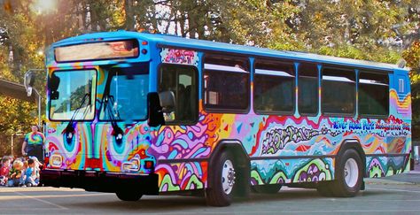 An exterior shot of a tie-dye painted bus parked on the street with eyes painted on the front and "Art" painted on the side. Tie Dye Painting, Bus Art, Mobile Library, Short Bus, Turned Art, Hippie Bus, Arts Integration, Mobile Boutique, Sharpie Art