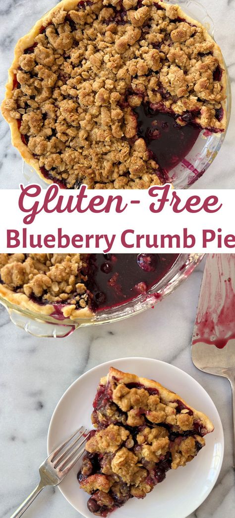 This homemade gluten-free blueberry crumb pie is the most scrumptious and crowd-pleasing dessert! An easy, buttery tender pie crust, lots of juicy blueberries and the most amazing crumb topping! Perfect anytime but especially during blueberry season! Gluten Free Blueberry Dessert Recipes, Gluten Free Crumb Topping, Gf Blueberry Crumble, Gluten Free Pie Crumble Topping, Blueberry Pie Topping, Gluten Free Crumb Crust, Gf Blueberry Pie, Gluten Free Blueberry Pie Recipe, Gluten Free Dairy Free Pie Recipes