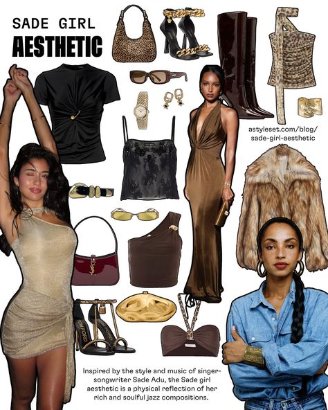 Our guide to the Sade Girl Aesthetic 🐆 Channel Sade’s timeless, minimalistic style with essential wardrobe pieces, gold jewelry, and sleek accessories - astyleset.com/blog/sade-girl-aesthetic  #sadegirl #sadeaesthetic Sade Girl Aesthetic Outfit, Sade Inspired Looks, Sade Girl Aesthetic, Sade Girls Aesthetic Outfits, Sade Girls Outfits, Sade Girls Aesthetic, Sade Aesthetic Outfit, Sade Adu Style, Sade Outfits