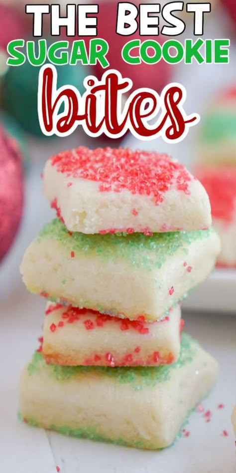 These sugar cookie bites are a small version of everyone's favorite sugar cookie! Cut them into small bites for the cute little treats that are yummy too! Christmas Sugar Cookie Bites, Cookies Bites, Sugar Cookie Bites, Pillsbury Sugar Cookies, Cream Cheese Sugar Cookies, Cookie Bites, Bite Size Cookies, Christmas Baking Recipes, Christmas Desserts Easy