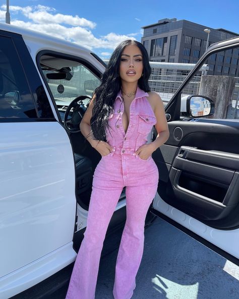 Pink Jumpsuit Outfit Black Women, Fashion Nova Denim Jumpsuit, Pink Denim Jumpsuit Outfit, Concert Jumpsuit Outfit, Hot Pink Concert Outfit, Jean Jumpsuit Outfit Summer, Denim And Pink Outfit, Jean Jumpsuit Outfit Black Women, Birthday Jumpsuit Outfits