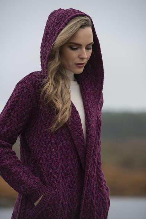 Shawl With Hood, Celtic Paganism, Frill Shirt, Aran Cardigan, Aran Sweater, Herringbone Stitch, Cable Cardigan, Winter Walk, Hooded Cardigan