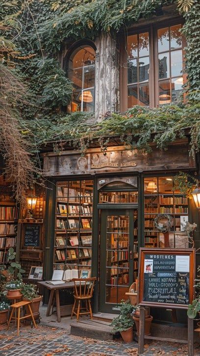 Tucked away in a serene corner, this enchanting bookstore seems to whisper tales of wonder and wisdom from its well-stocked shelves. Covered in a lush mantle of ivy, the store entices with the warm glow of its interior lights, offering a peaceful refuge for bibliophiles. Chairs are thoughtfully placed outside, suggesting that this is not just a place of commerce, but a community hub where stories are shared, and imagination comes alive. Small Town Library Aesthetic, Coastal Bookstore, Eclectic Bookstore, Vintage Book Store Aesthetic, Whimsical Bookstore, Bookstore Architecture, Old Bookstore Aesthetic, Library Cafe Aesthetic, Small Bookstore Aesthetic