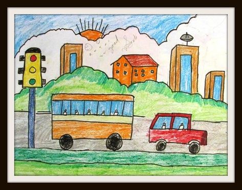 Art by Kids: The painting shows a scene of the Traffic signal Scenery Drawing For Kids, December Crafts, Nature Art Drawings, Scene Drawing, Traffic Signal, Stories For Kids, Painting For Kids, Kids Art Projects, Creative Kids