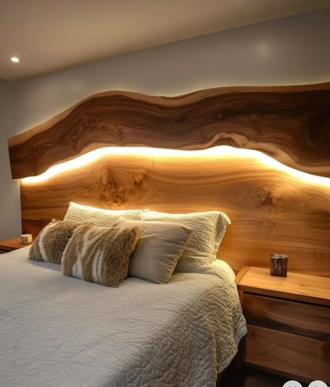 Butcher Block Headboard, Unique Wood Bed Frame, Large Wood Headboard, Live Edge Headboard Bedroom, Diy Wooden Headboard Ideas, Bed Frame Ideas Wood, Wooden Bedframe Bedroom Ideas, Wooden Headboard Bedroom, Branch Headboard