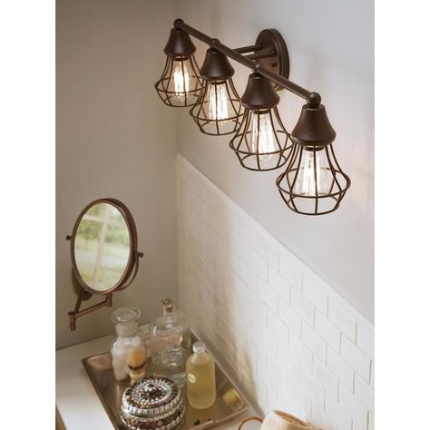 Kichler Bayley 4-Light 30.5-in Olde Bronze Cage Vanity Light at Lowes.com Bathroom Sink Light, Bronze Light Fixture, Vanity Light Shade, Industrial Vanity Light, Rustic Bathroom Lighting, Farmhouse Vanity Lights, Bathroom Wall Lighting, Vanity Inspiration, Industrial Vanity