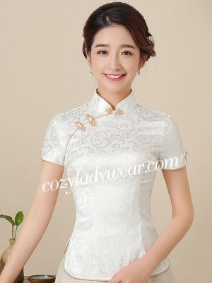 White Floral Mandarin Collar Qipao / Cheongsam Top - CozyLadyWear Qipao Top, Chinese Top, Chinese Blouse, Cheongsam Top, Traditional Dresses Designs, Qipao Cheongsam, Chinese Collar, Cheongsam Dress, Chinese Dress