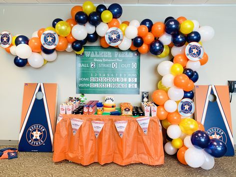 Astros Baseball Themed Party Houston Astros Take me out to the ballgame balloon garland orange blue white decor retirement party MLB party scoreboard Facebook.com/BeautifulEventsCo Astros 1st Birthday Party, Astros Birthday Party Decorations, Houston Astros Decor, Astros Theme Party, Houston Astros Party Ideas, Astros Birthday Party Ideas, Astros Baby Shower Theme, Astros Party Ideas, Astros Theme Birthday Party