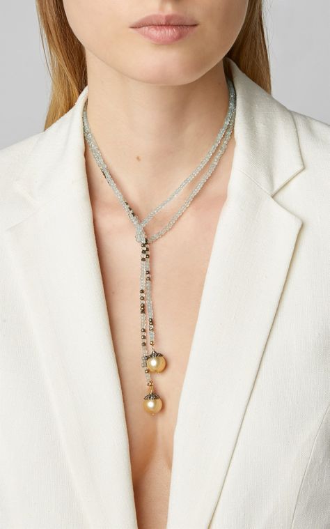 14K Gold, Aquamarine, Pyrite and Pearl Necklace by Joie DiGiovanni | Moda Operandi Homemade Jewelry Ideas Necklace, Lariette Necklace, Lariat Style Necklace, Pearl Lariat Necklace, Beads Craft Jewelry, Beaded Jewelry Necklaces, Beaded Necklace Designs, Necklace Ideas, Summer Necklace