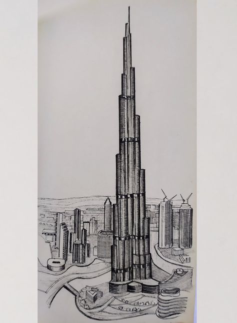 The tallest buildings in the world in miniature 828-metre, Burj Khalifa in Dubai in 18,5 cm, my drawing, architecture, UAE, Asia Burj Khalifa Drawing, Dubai Drawing, Architecture Line Art, Dubai Views, Dubai Burj Khalifa, Disney Drawing Tutorial, Khalifa Dubai, Architecture Drawing Sketchbooks, Perspective Drawing Architecture