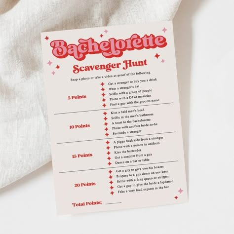 Bride to be Scavenger Hunt Instant Download | Retro Pink Theme Bride Scavenger Hunt, Bachelorette Scavenger Hunt Ideas, Pink Bachelorette Theme, Bachelorette Activities, Bachelorette Party Scavenger Hunt, Bachelorette Party Essentials, Bachelorette Party Unique, Bachelorette Party Activities, Bachelorette Scavenger Hunt