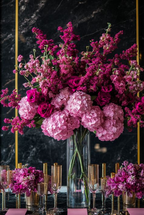 Berry Bold Tall Wedding Table Centerpiece Pink Purple Wedding Flowers Centerpiece Ideas, Pink Ginger Flower Arrangements, Fuchsia And Green Wedding, Hot Pink Centerpieces Wedding, Hot Pink Floral Centerpieces, Magenta Tablescape, Deep Pink Wedding Flowers, How To Floral Arrangements, Bold Floral Arrangements