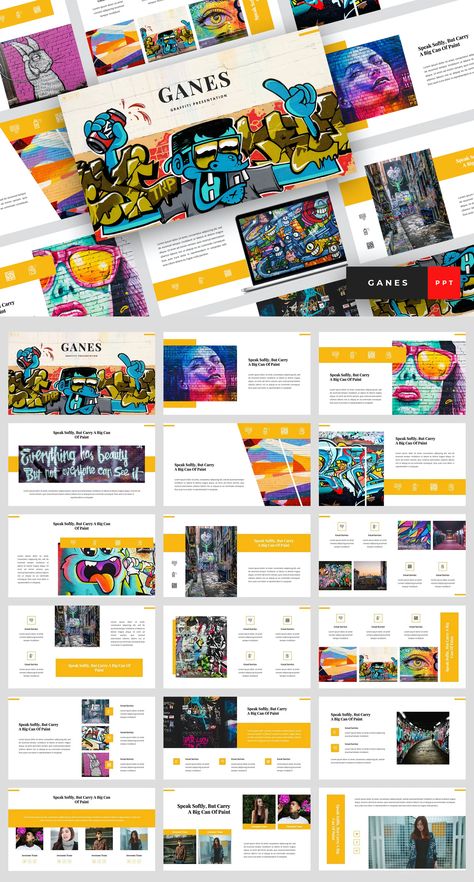 Graffiti PowerPoint Template. 36 unique slides Event Proposal, Brochure Design Layout, Presentation Deck, Presentation Design Layout, Proposal Design, Powerpoint Design Templates, Presentation Layout, Magazine Layout Design, Book Layout