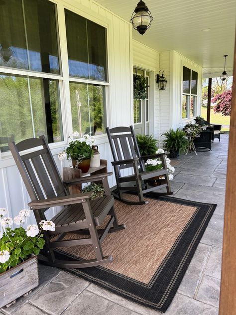 Front porch rockers, weather durable rocking chairs, country homes front porch, front porch decor ideas, whites and woods porch decor, antique porch decor, cozy porch Front Porch Rocking Chair Decor, Front Porch Rockers, Front Porch Rocking Chairs, Rocking Chair Front Porch, Farmhouse Porch Decor, Porch Life, Adirondack Rocking Chair, Bar Height Chairs, Rocking Chair Porch