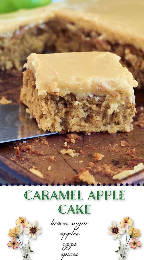 A super moist spice cake with plenty of fresh apples and topped with a smooth caramel icing. You'll love this Apple Spice Cake with Boiled Caramel Frosting sheet cake for serving a crowd at your next fall get-together. || Heart's Content Farmhouse Apple Spice Cake Recipe, Moist Spice Cake, Spice Cake Recipe, Apple Spice Cake, Caramel Apple Cake, Spice Cake Recipes, Caramel Icing, Apple Spice, Caramel Frosting