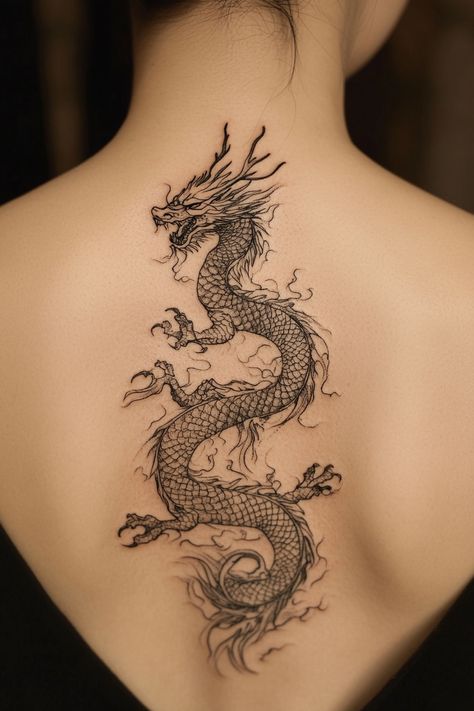 Chinese Dragon Spine Tattoo Ideas - Tattoo Build Dragon Tattoo Neck, Dragon Spine Tattoo, Chinese Dragon Tattoo, Black Dragon Tattoo, Gotik Tattoo, Dragon Tattoo Meaning, Spine Tattoo Ideas, Cherry Tattoos, Chinese Dragon Tattoos