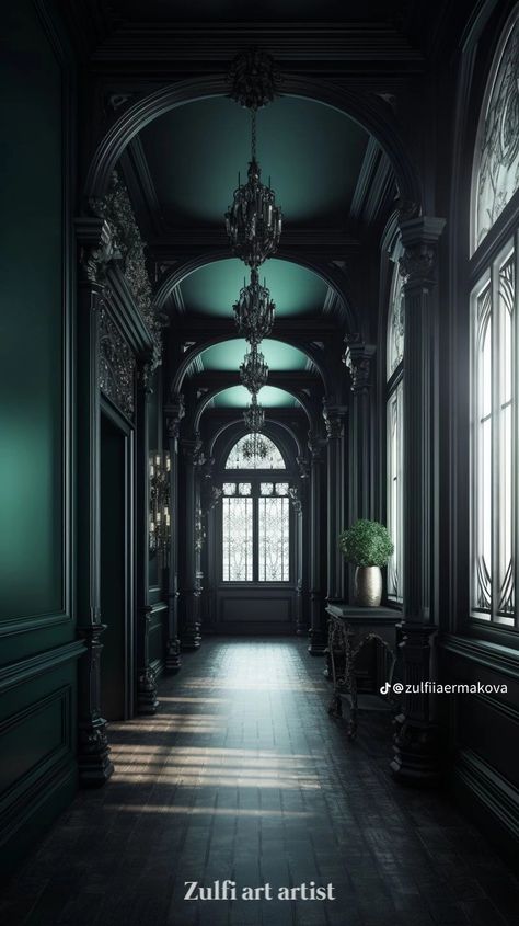 Gothic Style Houses Interior, Hidden Mansion In The Woods, Dark Green Gothic Aesthetic, Dark Academia Hallway, Dark Academia Space, Gothic Mansion Interior, Villain House, Gothic Victorian House Interior, Green Staircase