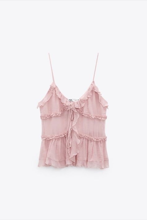 SEMI-SHEER TOP WITH RUFFLES Light Pink Bow, Fest Outfits, Mode Zara, Estilo Country, Zara Top, Stockholm Fashion, Pink Outfits, Casual Blouse, Dream Clothes