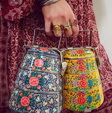 Indian Crockery, Indian Lunch Box, Indian Lunch, Beautiful Kitchenware, Embroidered Slippers, Tiffin Box, Food Carrier, Palm Oil Free Products, Sari Fabric