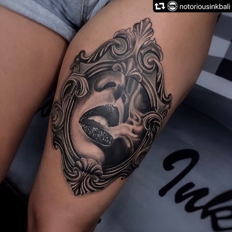 Tattoo done by oyon at @notoriousinkbali  Check our Facebook page or instagram Makeup Artist Tattoo, Reflection Tattoo, Mirror Tattoo, Mens Body Tattoos, Mirror Tattoos, Autumn Tattoo, Girl Mirror, Girls With Sleeve Tattoos, Girls Mirror