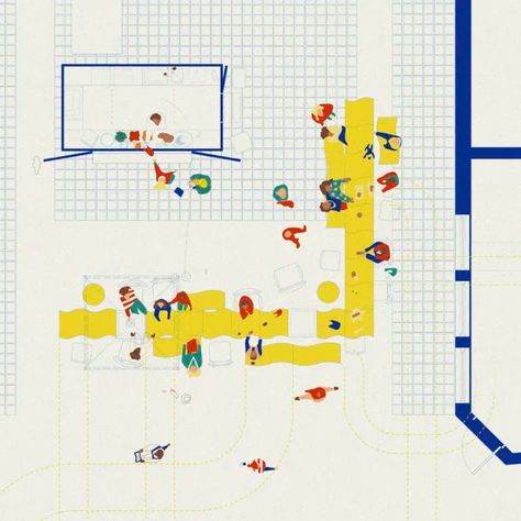 Playful Architecture Drawings, Plan Oblique Architecture, Material Architecture Diagram, Active Frontage Urban Design, Urban Intervention Architecture, Colorful Architecture Drawings, Massing Diagram Architecture, Tactile Architecture, Architecture Illustration Graphics