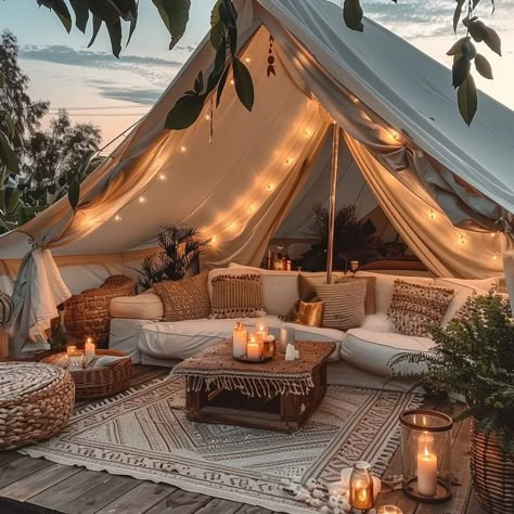 Boho Deck Decor Outdoor, Glamping Interior Ideas, Tent Interior Design, Tent Restaurant, Luxury Glamping, Bell Tent, Backyard Inspiration, Cozy Room Decor, Outdoor Decor Backyard