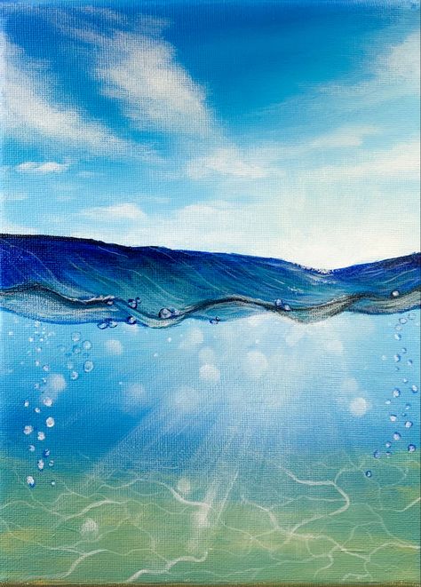 Blue acrylic painting on canvas of half sky and half under water scene. Drawing Under The Sea, Water And Sky Paintings, Sky And Water Painting, Under Water Painting Ideas, Under The Water Painting, Beach House Art Painting, Ocean Under Water Painting, Under Sea Painting, Under Sea Painting Acrylic