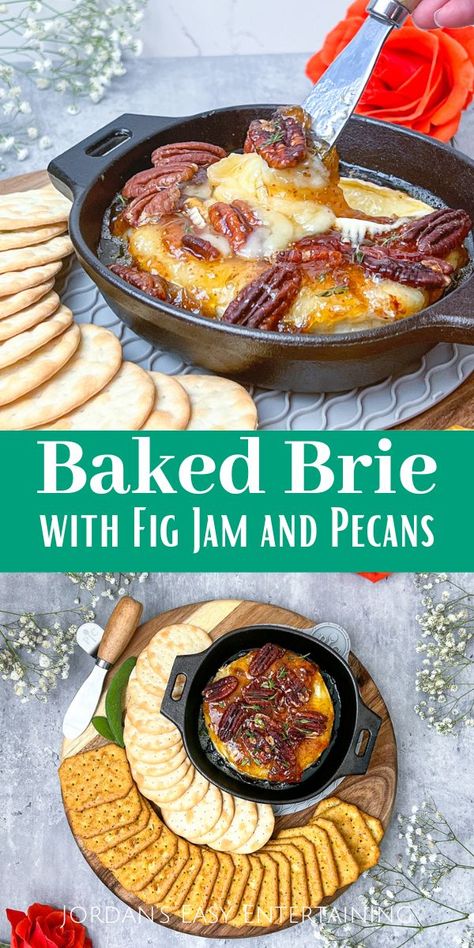 Brie Cheese Recipes With Fig Jam, Brie Recipes Fig Jam, Baked Brie Recipes Fig Jam, Fig And Pecan Baked Brie, Bre Appetizers Baked Brie, Appetizers Using Fig Jam, Pecan Pie Baked Brie, Baked Brie Honey Pecans, Fig Butter Appetizer