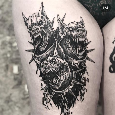 3 Headed Dog Tattoo, Cerberus Tattoo Design, Cerebus Dog Tattoo, Hellhound Tattoo, Rage Tattoo, Cerberus Tattoo, Throat Tattoo, M Tattoos, Wicked Tattoos