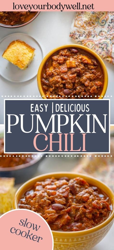 When fall comes around I crave all things pumpkin and I could eat chili every day so why not combine the two??   This Slow Cooker Pumpkin Chili is easy, healthy and will satisfy your craving for a hearty bowl of chili with a hint of pumpkin. Pumpkin Chili Slow Cooker, Pumpkin Recipes Dinner, Bowl Of Chili, Pumpkin Chili Recipe, Fall Meal, Pumpkin Dishes, Pumpkin Chili, Chili Recipe Crockpot, Slow Cooker Pumpkin