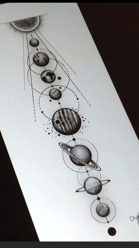 Spine Tattoos For Women Solar System, Solar System Arm Tattoo, Solar System Line Tattoo, Space Spine Tattoo, Planets Tattoos, Space Arm Tattoo, Planets Tattoo, Sagittarius Tattoo Designs, Ink Tattoo Design