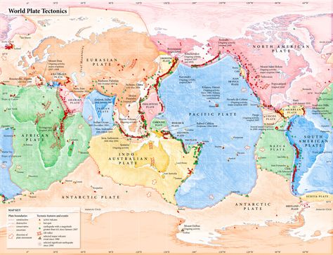 World Plate Tectonics A thematic map of the world's plates and tectonic features. Thematic Map, I Think Map, Scientific Theories, Plate Boundaries, Tectonic Plates, Classroom Science, World History Lessons, 7th Grade Science, Nature Science