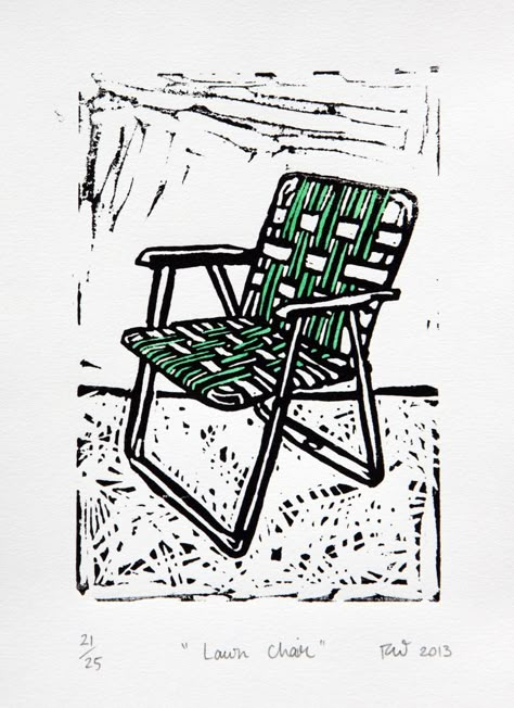 Lawn Chair Drawing, Lawn Chair Tattoo, Man Made Objects, Color Linocut, Linoleum Printmaking, Chair Illustration, Chair Drawing, Relief Printmaking, Linoleum Print